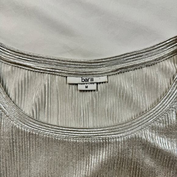 Bar III Metallic Ribbed Textured Top Silver Women’s Medium Scoop Neck Shimmer - Picture 12 of 16